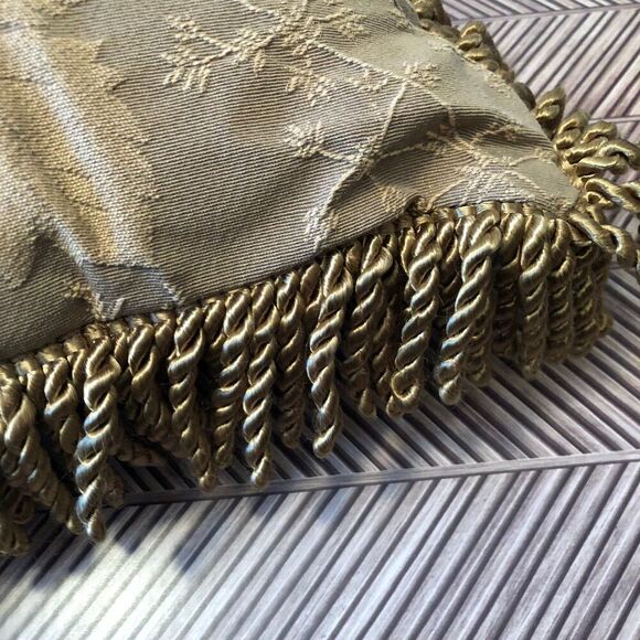 Vintage Tapestry Throw Pillow w/ Tassels Gold Tone Autumn Maple Leaf Print - Picture 9 of 9